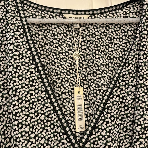 Max Studio Women’s Faux Wrap Dress, Size Large. Black, With Small White Floral. - Picture 3 of 7